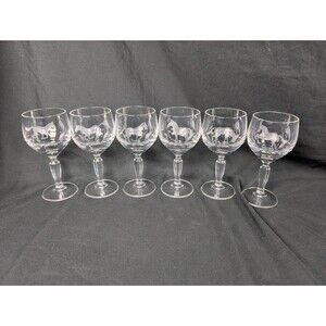 Vintage 6 Etched Libbey Rock Sharpe Horse Theme Crystal Cordial Glasses 5" Tall